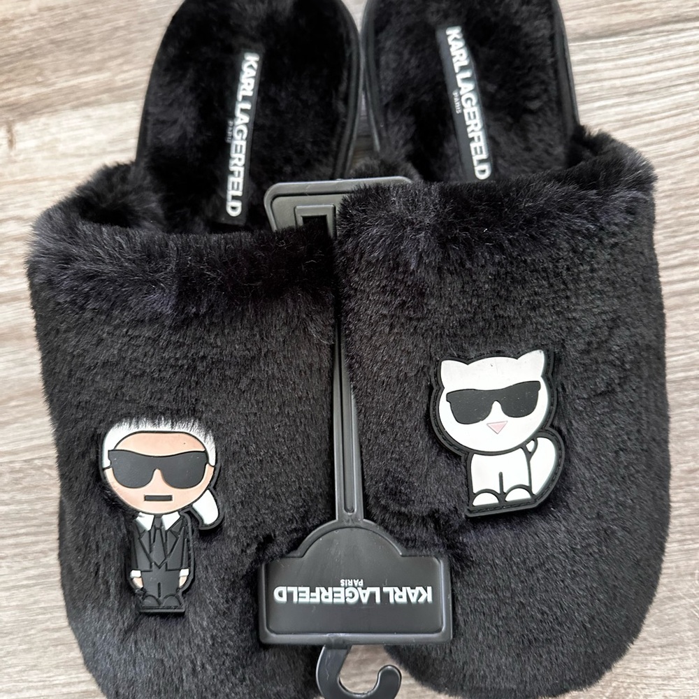 Karl Lagerfeld Black Faux Fur Slippers with Iconic Designs